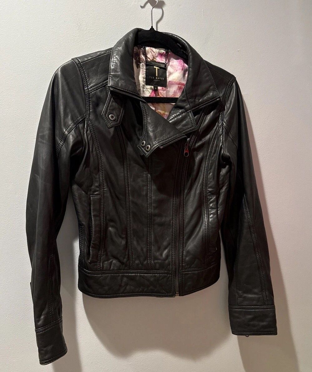 Ted Baker Black Leather Jacket Moto Silver Hardware Size 0 Biker - Picture 2 of 11